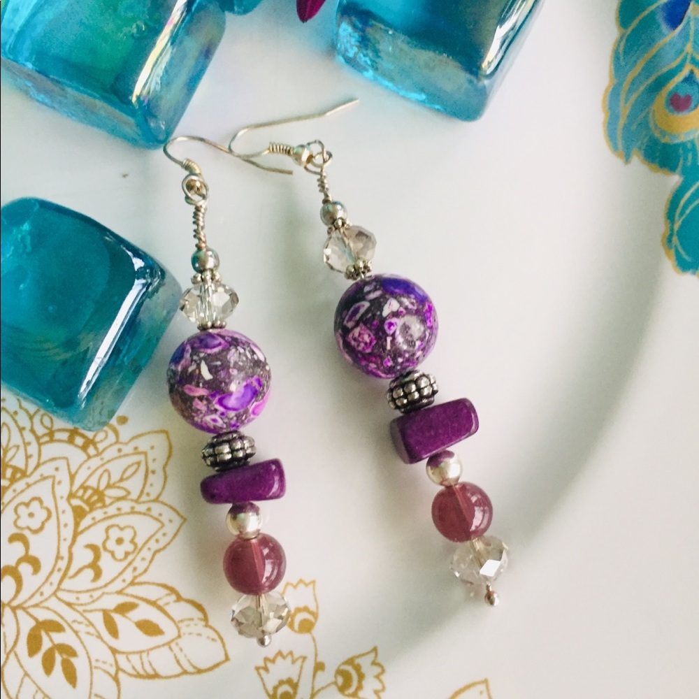 🇺🇸Purple & Pink Marble Bead Earrings Handmade - Picture 3 of 4